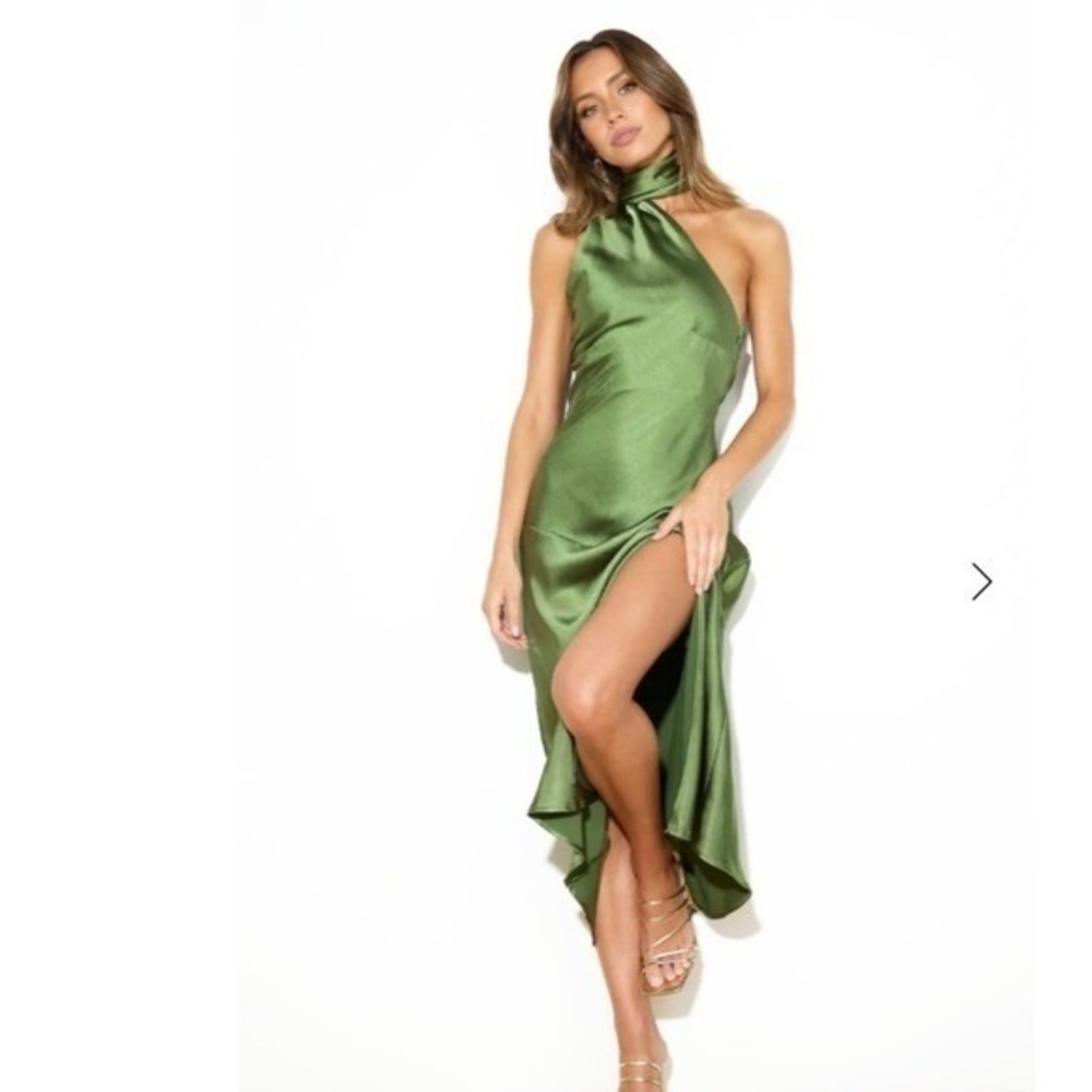 Mogidol Satin High Neck Halter Slit Midi Dress Womens S Green